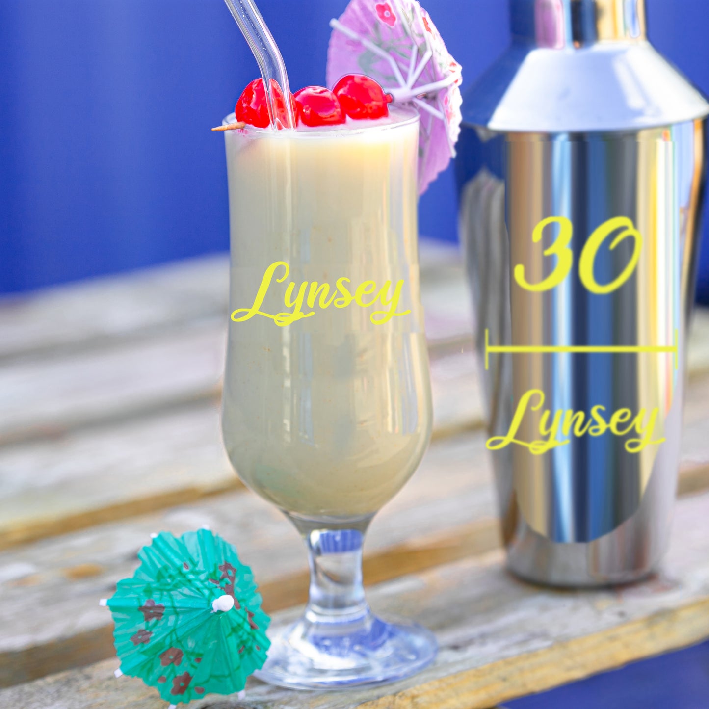 Personalised 30th Birthday Cocktail Shaker & Pina Colada Glass Gift Set - Always Looking Good -