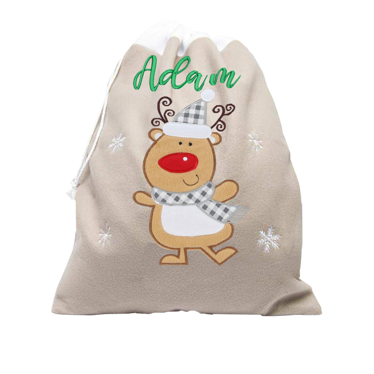 Personalised Embroidered Large Grey Christmas Design Sack - Always Looking Good - Reindeer