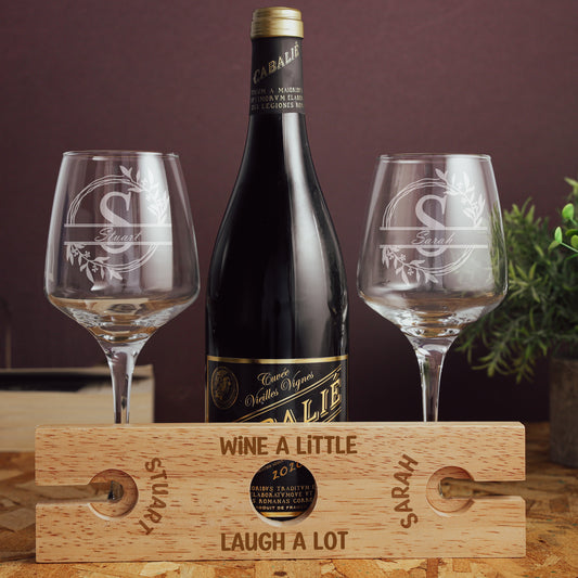 "Wine A Little, Laugh A Lot" Engraved Wine Holder Butler Caddy With 2 Glasses - Always Looking Good -