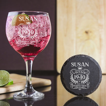 Milestone Birthday Gift - Vintage Engraved Personalised Gin Glass and/or Coaster Set   - Always Looking Good -   