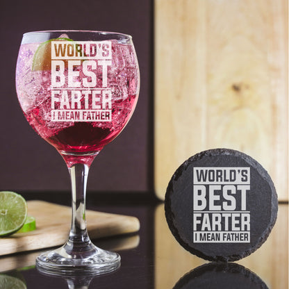 Best Farter I Mean Father Engraved Goblet Gin Glass & Slate Coaster Set for Dad