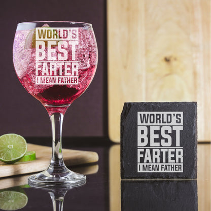 Best Farter I Mean Father Engraved Goblet Gin Glass & Slate Coaster Set for Dad