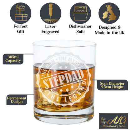 Gift For Step Dad - “Man Myth Legend” Engraved Whisky Glass and/or Coaster- Always Looking Good -   