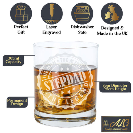 Gift For Step Dad - “Man Myth Legend” Engraved Whisky Glass and/or Coaster- Always Looking Good -   