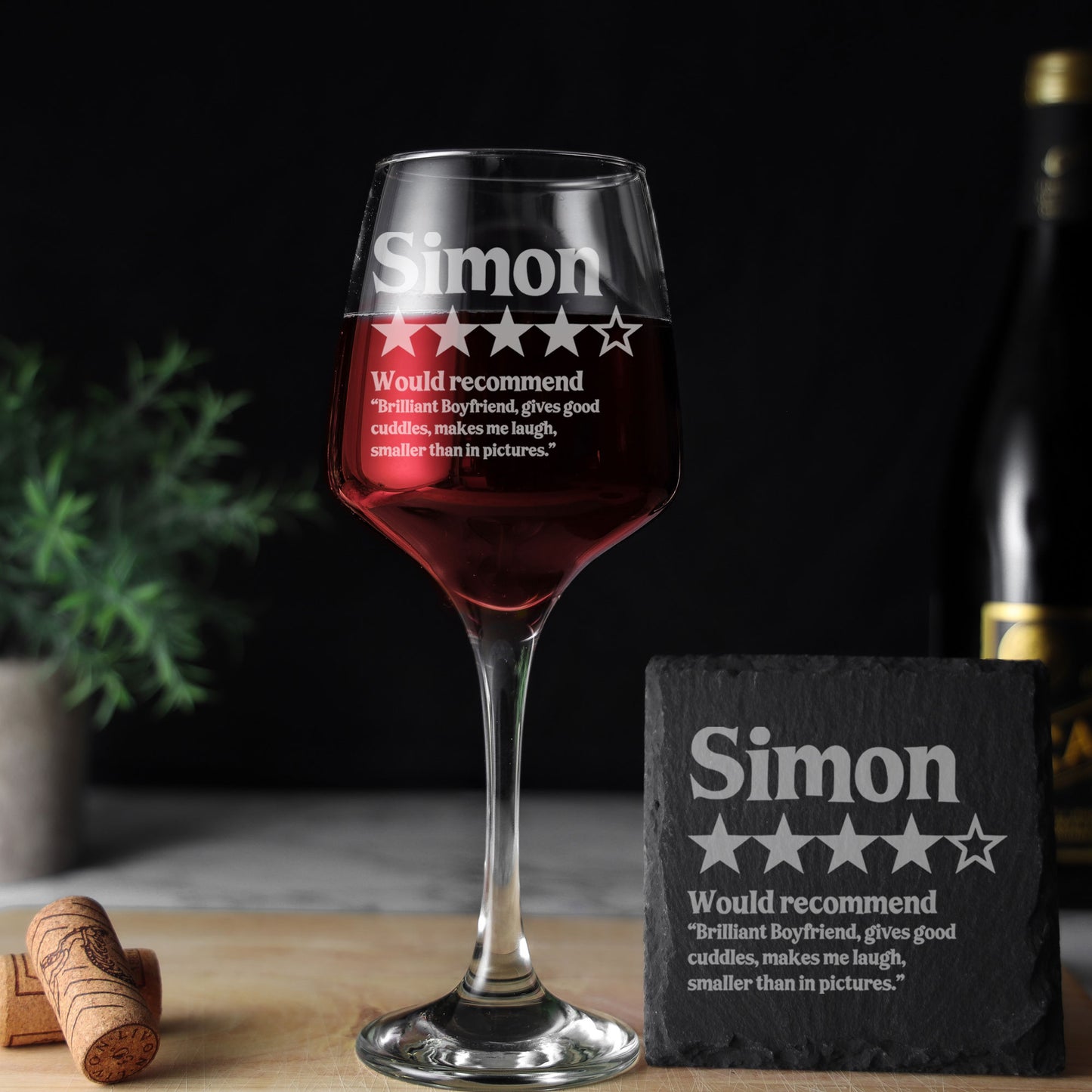 Personalised Novelty 5 Star Review Engraved Wine Glass and/or Coaster Set  - Always Looking Good -   