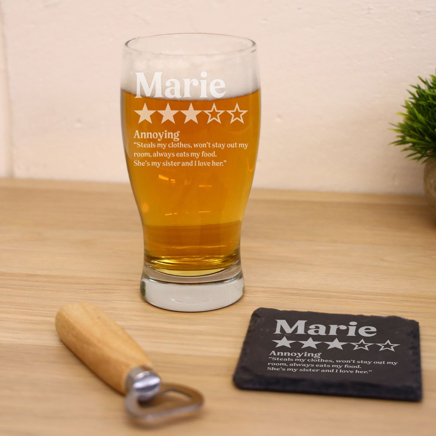 Personalised Novelty 5 Star Review Engraved Pint Glass and/or Coaster Set  - Always Looking Good -   