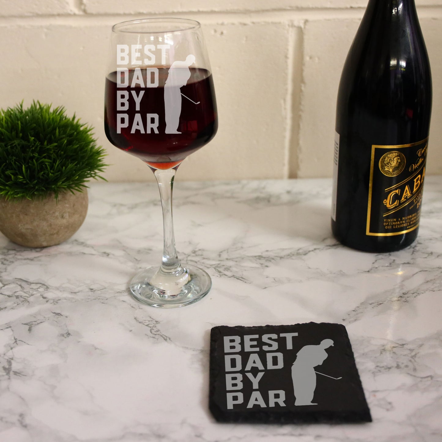 Best Dad By Par Engraved Wine Glass and/or Coaster Set  - Always Looking Good -   