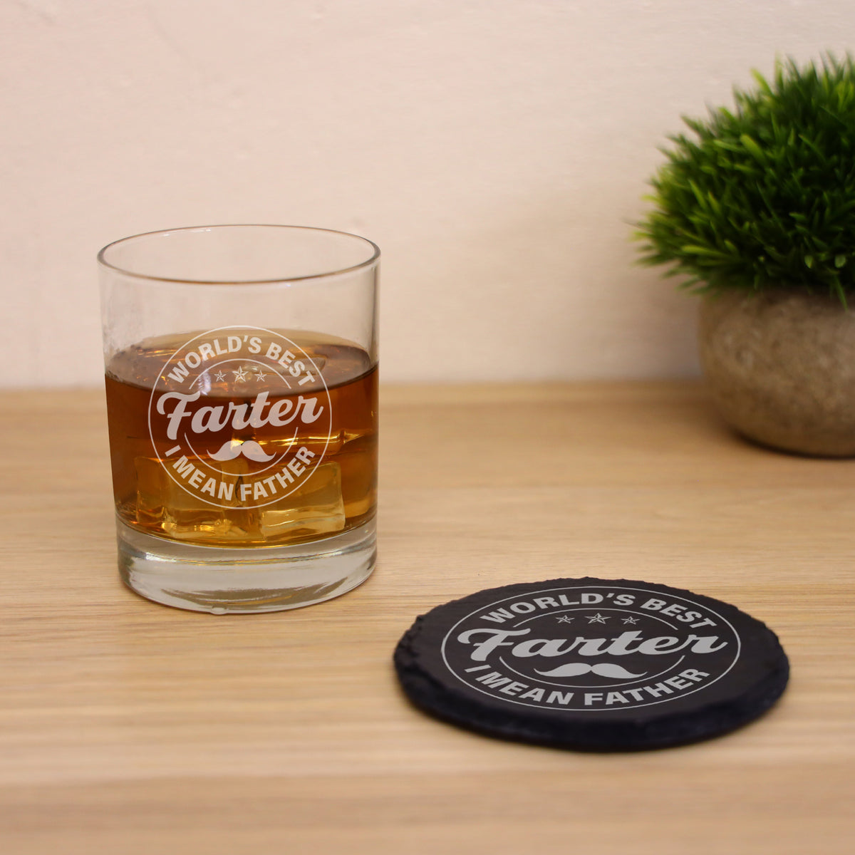 "Worlds Best Farter I Mean Father" Novelty Engraved Whisky Glass for Dad  - Always Looking Good - Glass & Round Coaster  