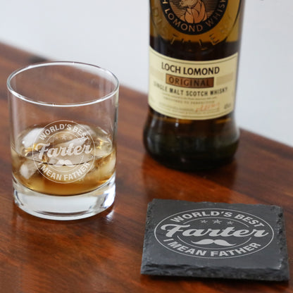 "Worlds Best Farter I Mean Father" Novelty Engraved Whisky Glass for Dad  - Always Looking Good - Glass & Square Coaster  