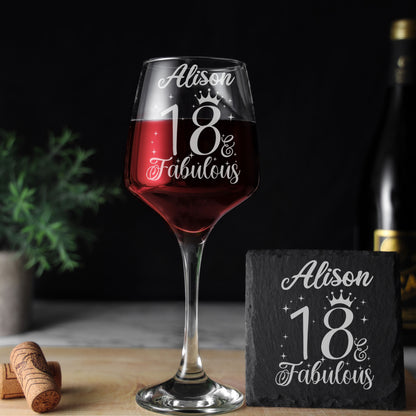 AGE & Fabulous Wine Glass For Birthday With Engraved Age (18-100) & Coaster