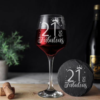 AGE & Fabulous Wine Glass For Birthday With Engraved Age (18-100) & Coaster