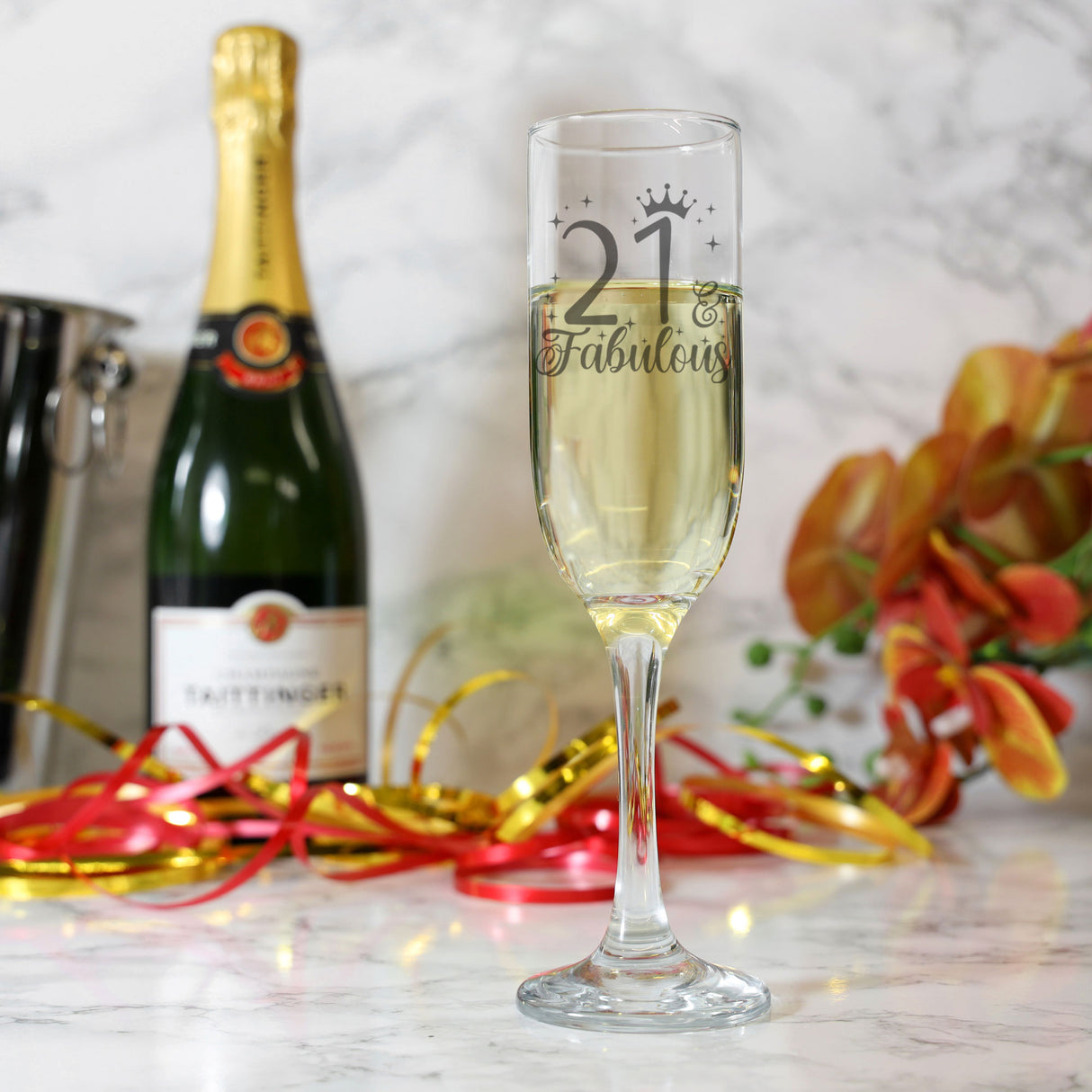 AGE & Fabulous Gifts - (18-100) Age Engraved Champagne Glass and/or Coaster
  - Always Looking Good - Glass & Square Coaster Set  