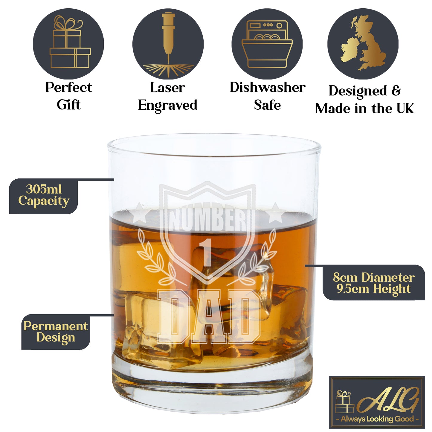 "Number 1 Dad or Grandad" Engraved Whisky Glass and/or Coaster Set