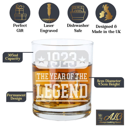 ANY Year Of The Legend Engraved Personalised Whisky Glass and/or Coaster Set  - Always Looking Good -   