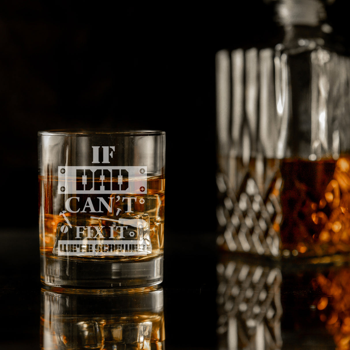 "If Dad/ Grandad Can't Fix It We're Screwed " Novelty Engraved Whisky Glass & Coaster