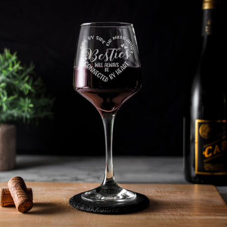 Besties Connected By Heart Engraved Wine Glass and/or Coaster Set  - Always Looking Good -   