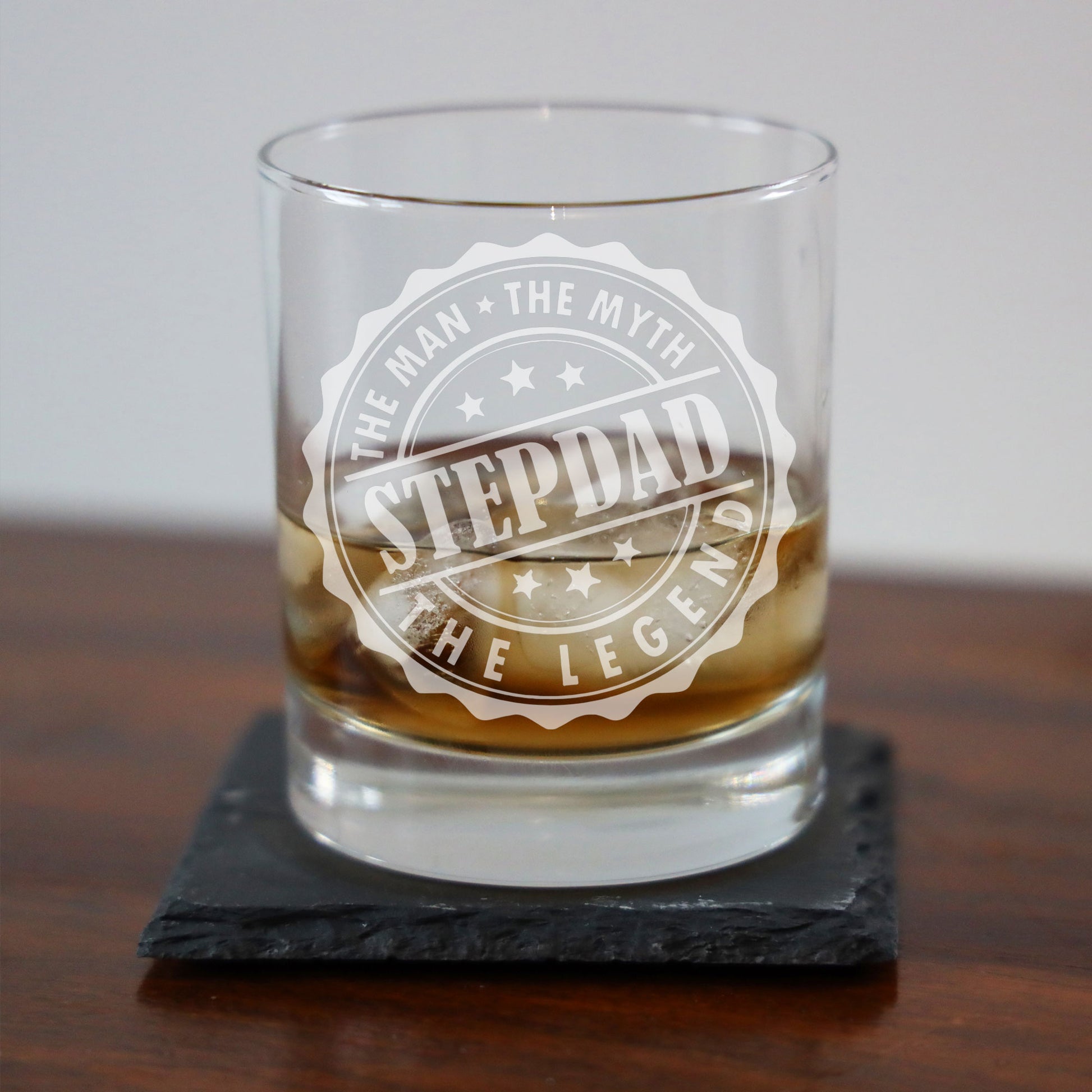 Man Myth Legend Step Dad Engraved Whisky Glass and/or Coaster Set  - Always Looking Good -   