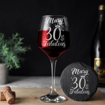 AGE & Fabulous Wine Glass For Birthday With Engraved Age (18-100) & Coaster