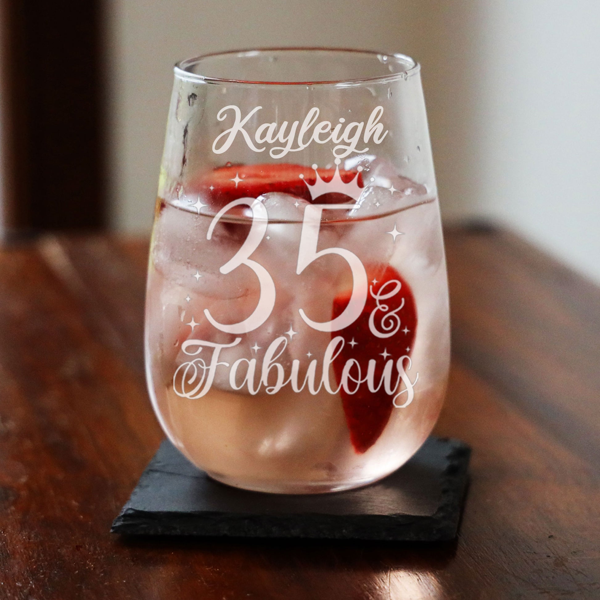 35 & Fabulous Engraved Stemless Gin Glass and/or Coaster Set  - Always Looking Good -   