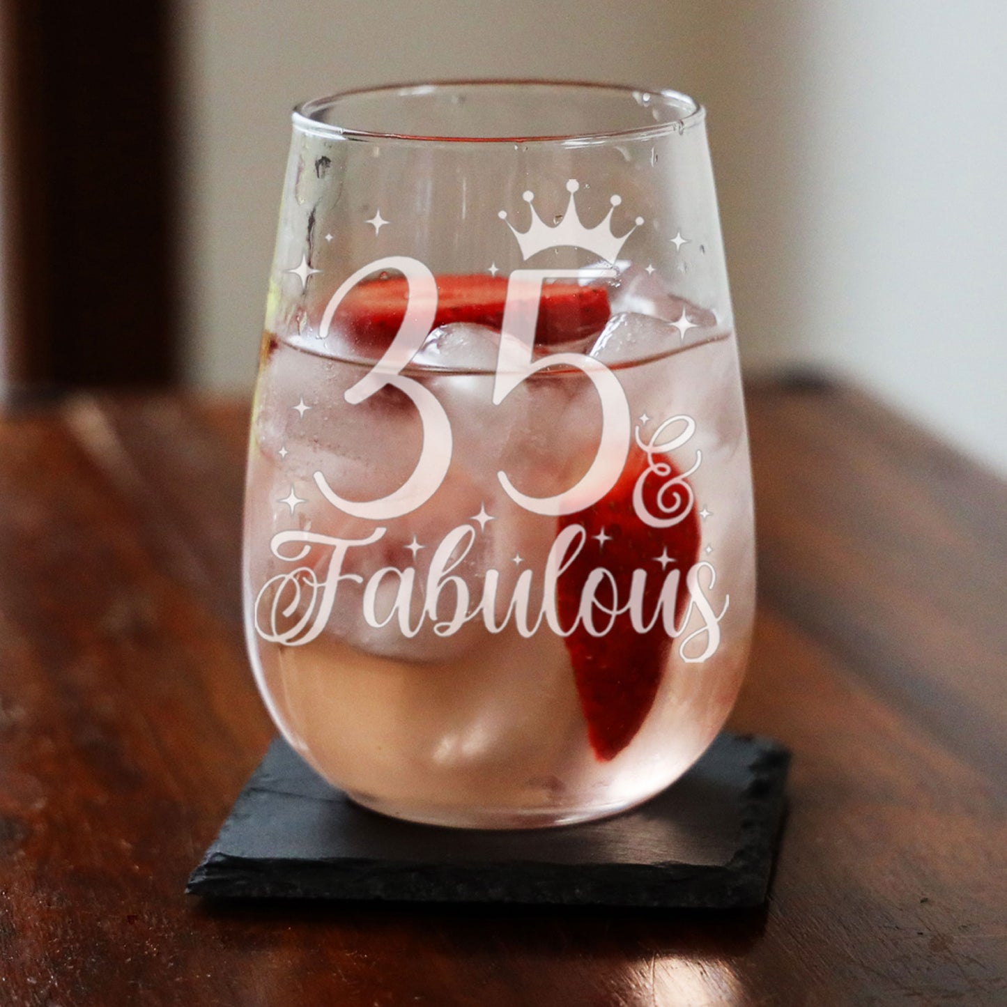 35 & Fabulous Engraved Stemless Gin Glass and/or Coaster Set  - Always Looking Good -   