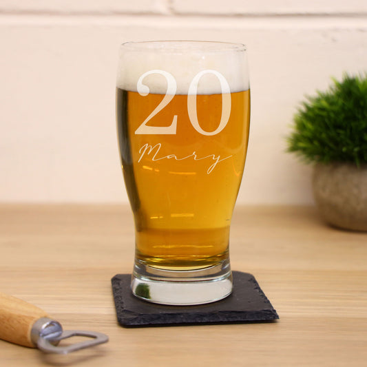 Engraved Age & Name Pint Glass & Coaster Set – Personalised Birthday Gift