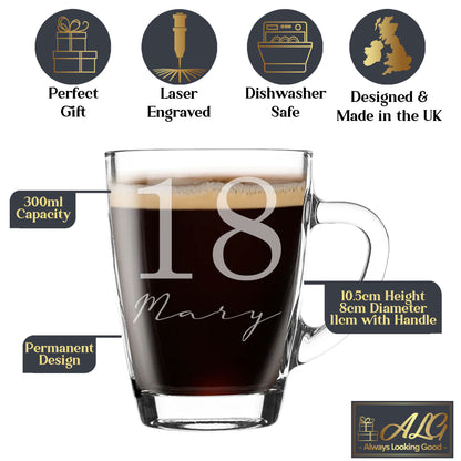 Age & Name Birthday Engraved Glass Coffee Mug & Coaster – Birthday Gift Set