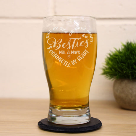 Besties Connected By Heart Engraved Beer Glass and/or Coaster Set  - Always Looking Good -   gift for best friend