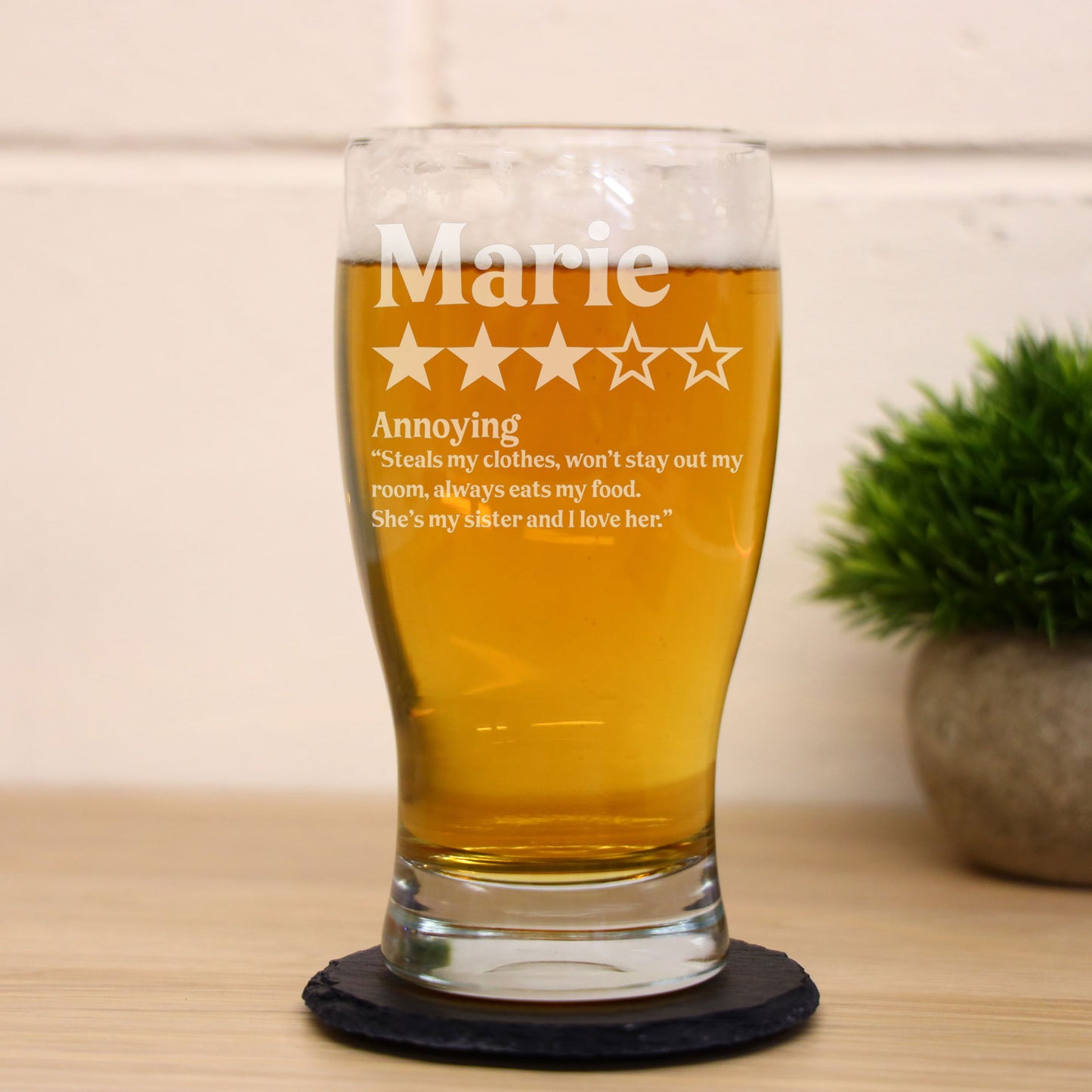 Personalised Novelty 5 Star Review Engraved Pint Glass and/or Coaster Set  - Always Looking Good -   