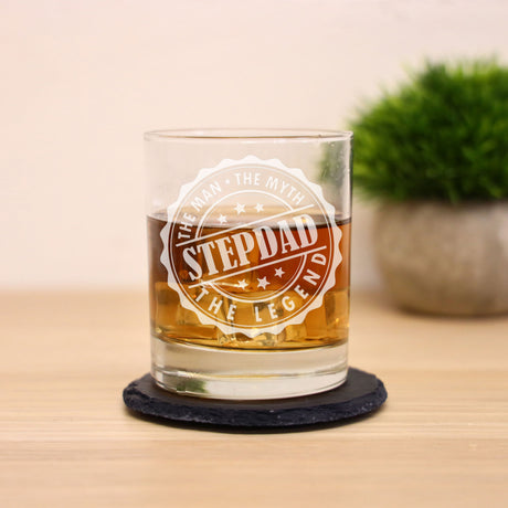Gift For Step Dad - “Man Myth Legend” Engraved Whisky Glass and/or Coaster- Always Looking Good -   