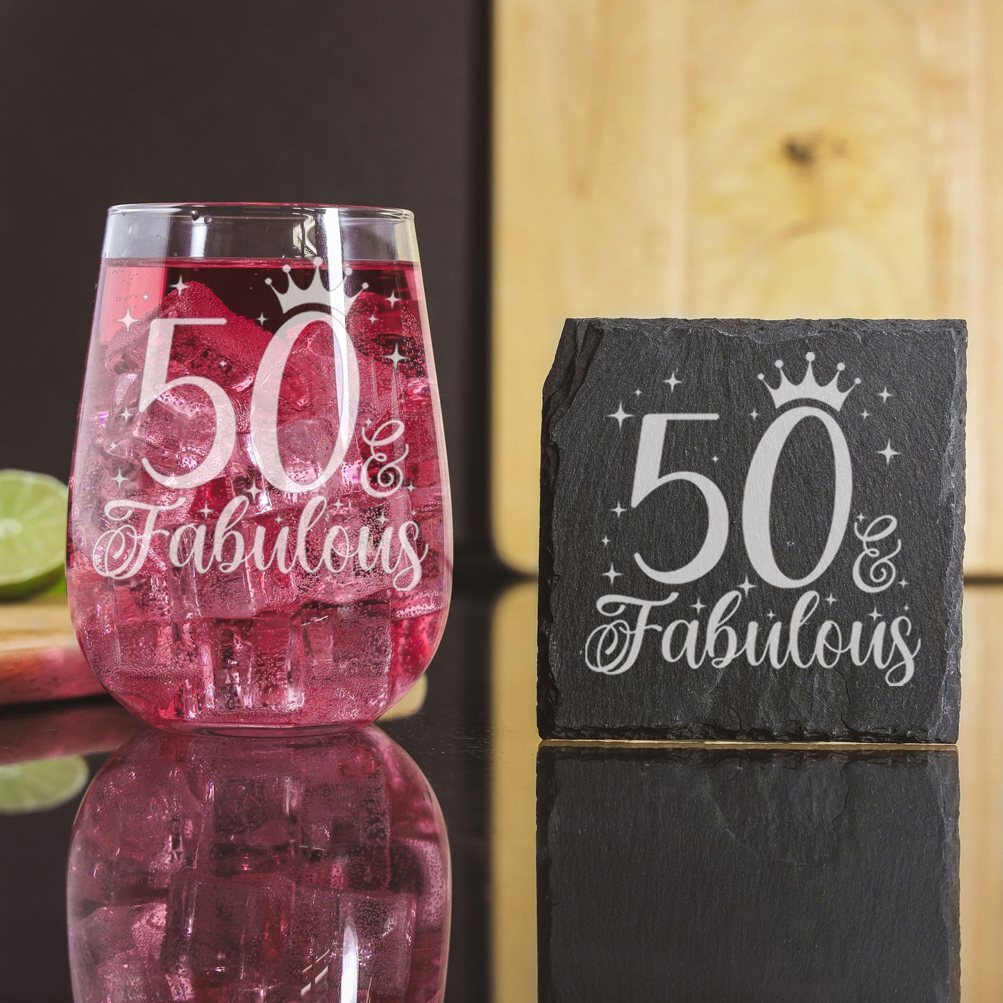 50 & Fabulous Engraved Stemless Gin Glass and/or Coaster Set  - Always Looking Good -   