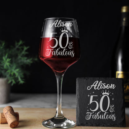 AGE & Fabulous Wine Glass For Birthday With Engraved Age (18-100) & Coaster
