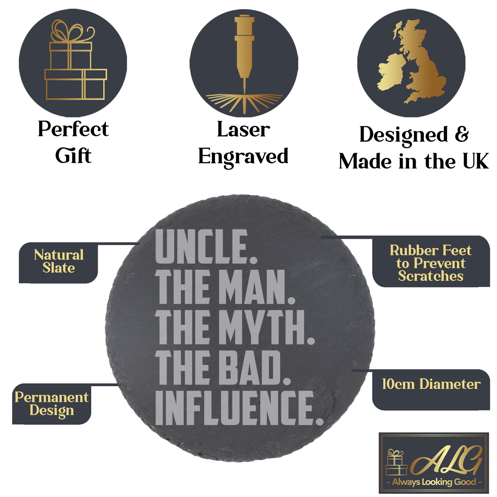 Uncle, The Man, The Myth, The Bad Influence Engraved Beer Glass and/or Coaster Set  - Always Looking Good -   