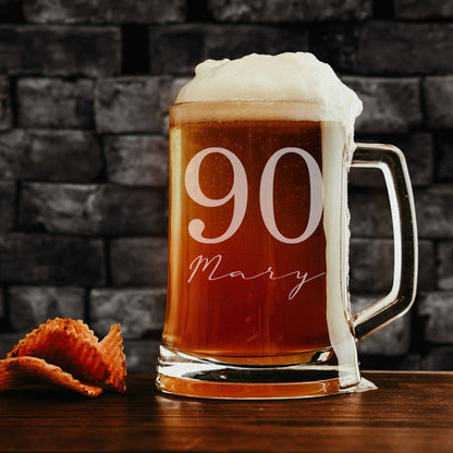 Personalised Beer Stein Glass & Coaster – Engraved with Age & Name Gift Set