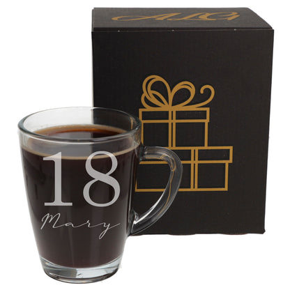 Age & Name Birthday Engraved Glass Coffee Mug & Coaster – Birthday Gift Set