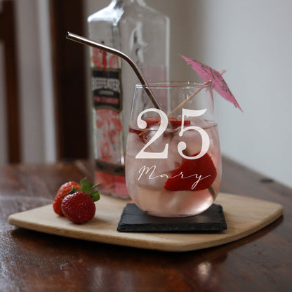 Personalised Gin Glass & Coaster – Engraved Name and Age Birthday Gift
