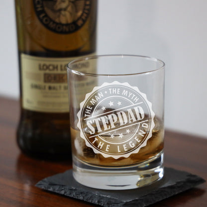 Gift For Step Dad - “Man Myth Legend” Engraved Whisky Glass and/or Coaster- Always Looking Good -   