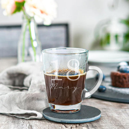 Age & Name Birthday Engraved Glass Coffee Mug & Coaster – Birthday Gift Set