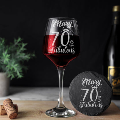 AGE & Fabulous Wine Glass For Birthday With Engraved Age (18-100) & Coaster