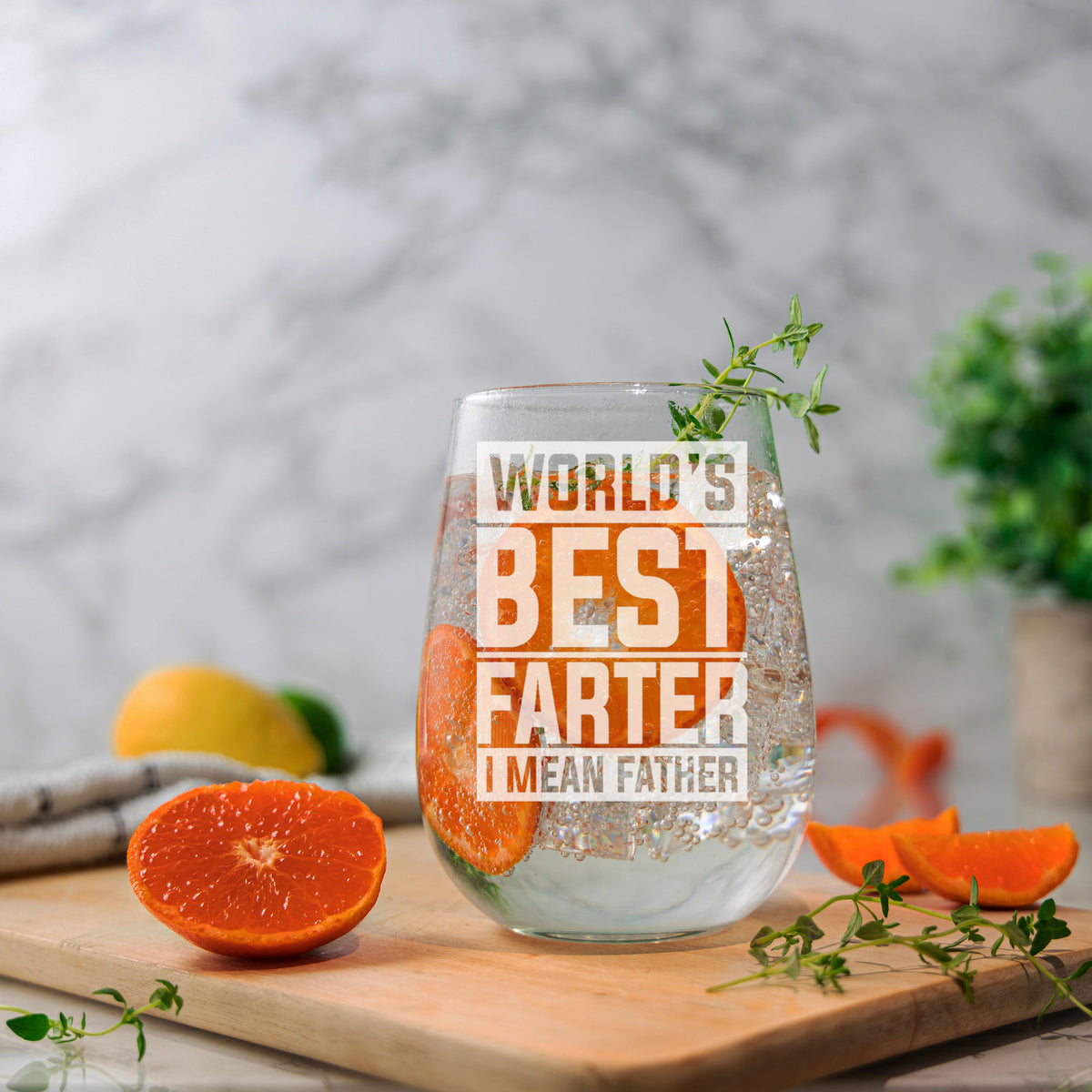 Best Farter I Mean Father Engraved Stemless Gin Glass – Funny Gift for Dad