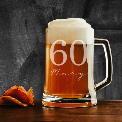 Personalised Beer Stein Glass & Coaster – Engraved with Age & Name Gift Set