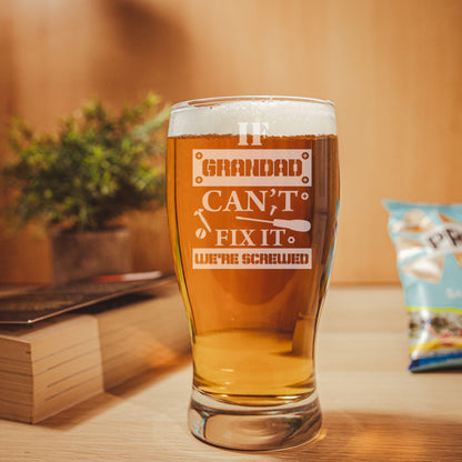 "If Dad/Grandad etc Can't Fix It We're Screwed" Engraved Novelty Beer Glass and/or Coaster Set