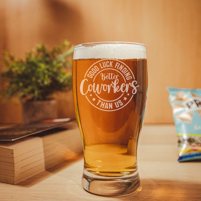 Engraved Pint Glass & Coaster Set – Funny, Good Luck Leaving Gift for Colleague or Boss