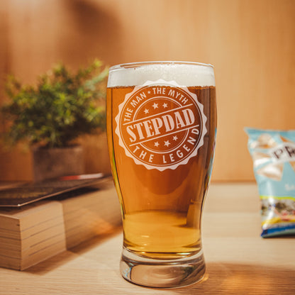 Step Dad Gifts - “Man Myth Legend Step Dad” Engraved Beer Glass and/or Coaster - Always Looking Good -   