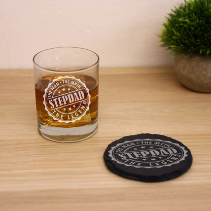 Gift For Step Dad - “Man Myth Legend” Engraved Whisky Glass and/or Coaster- Always Looking Good -   