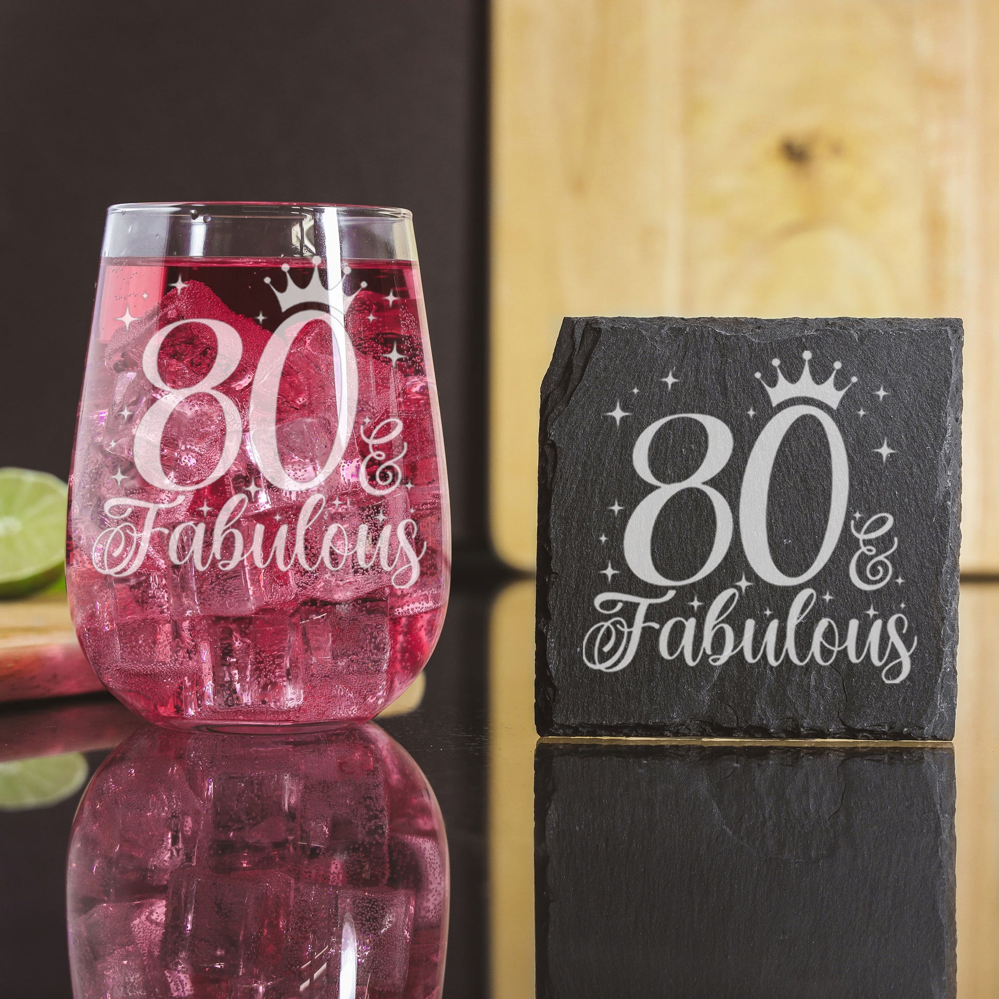 80 & Fabulous Engraved Stemless Gin Glass and/or Coaster Set  - Always Looking Good - Glass & Square Coaster Set  