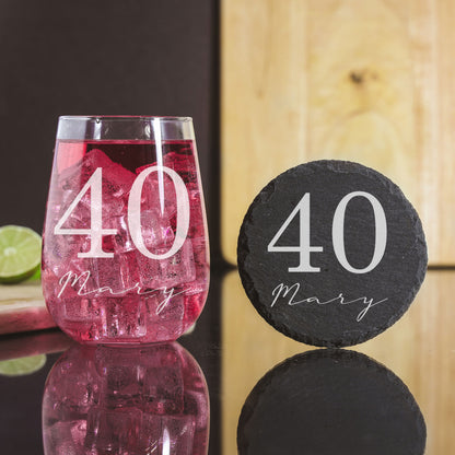 Personalised Gin Glass & Coaster – Engraved Name and Age Birthday Gift
