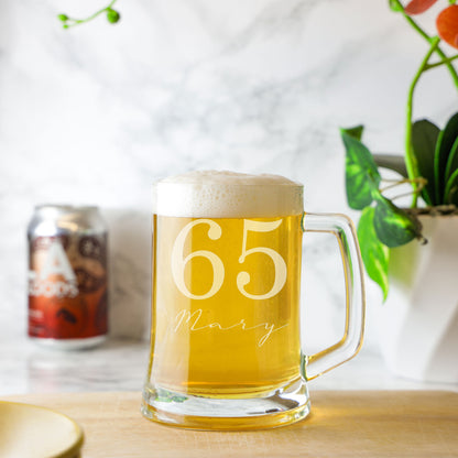 Personalised Beer Stein Glass & Coaster – Engraved with Age & Name Gift Set