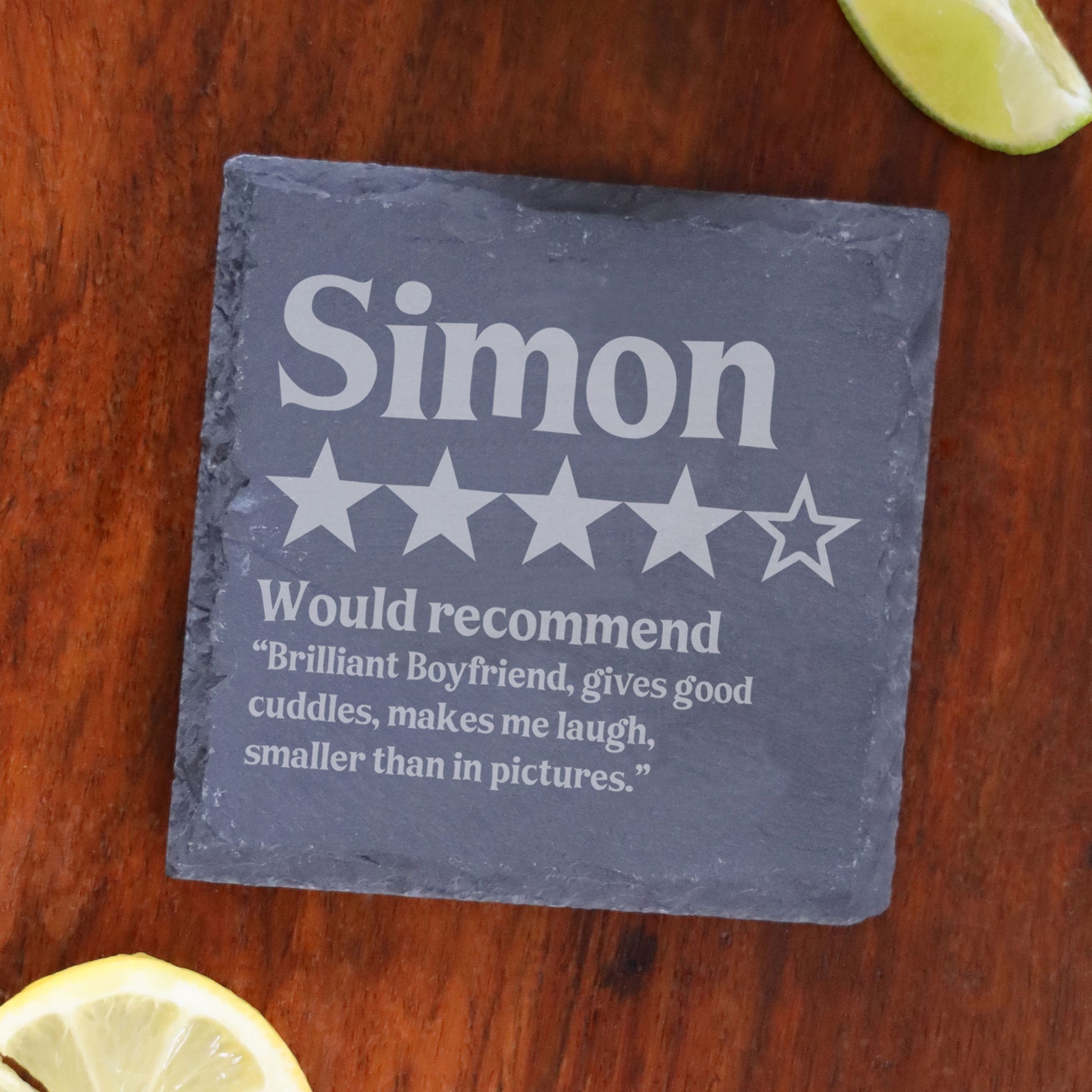 Personalised Novelty 5 Star Review Engraved Wine Glass and/or Coaster Set  - Always Looking Good - Square Coaster On Its Own  