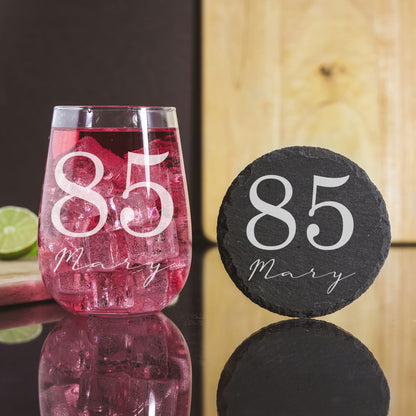 Personalised Gin Glass & Coaster – Engraved Name and Age Birthday Gift