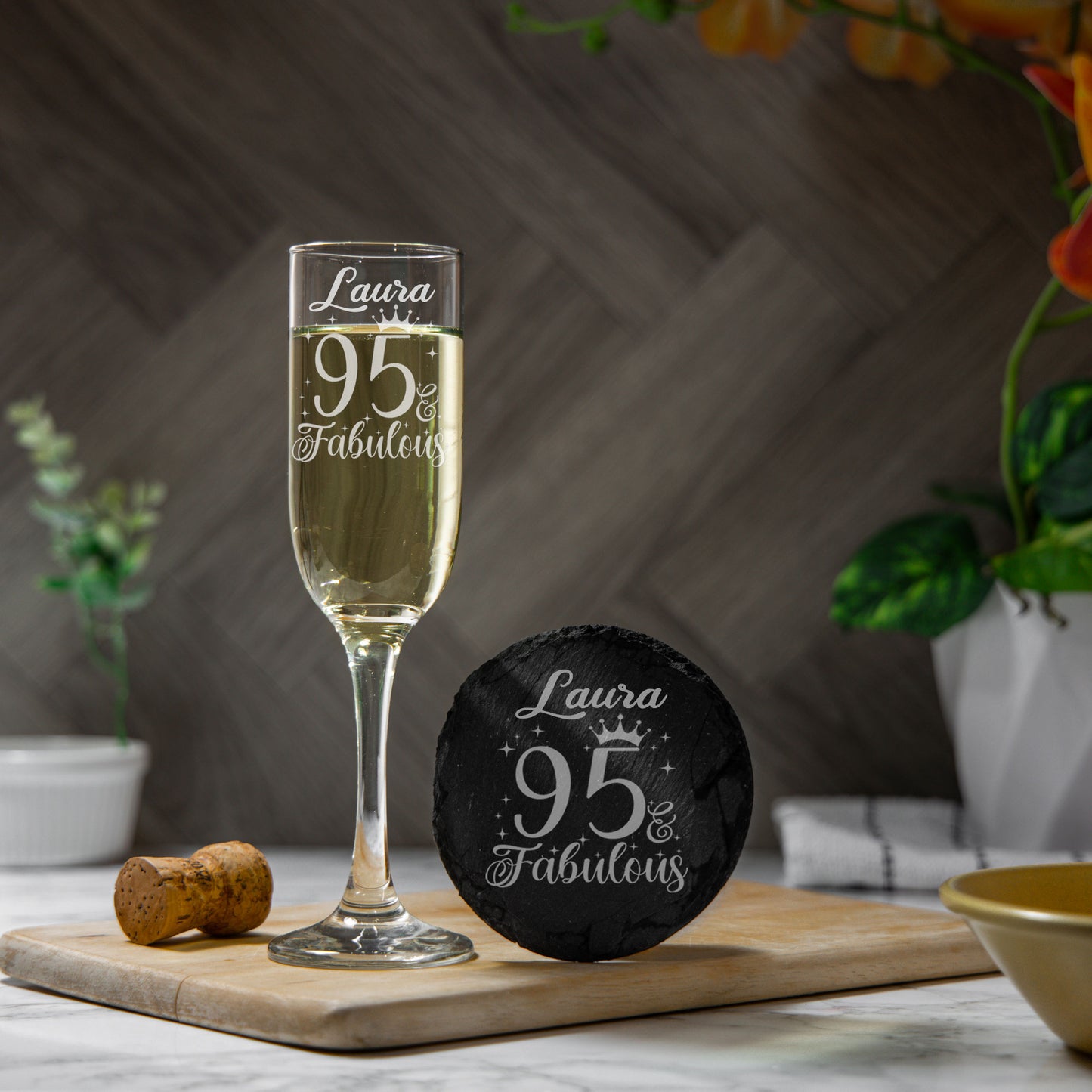 95 & Fabulous Engraved Champagne Glass and/or Coaster Set  - Always Looking Good - Glass & Round Coaster Set  